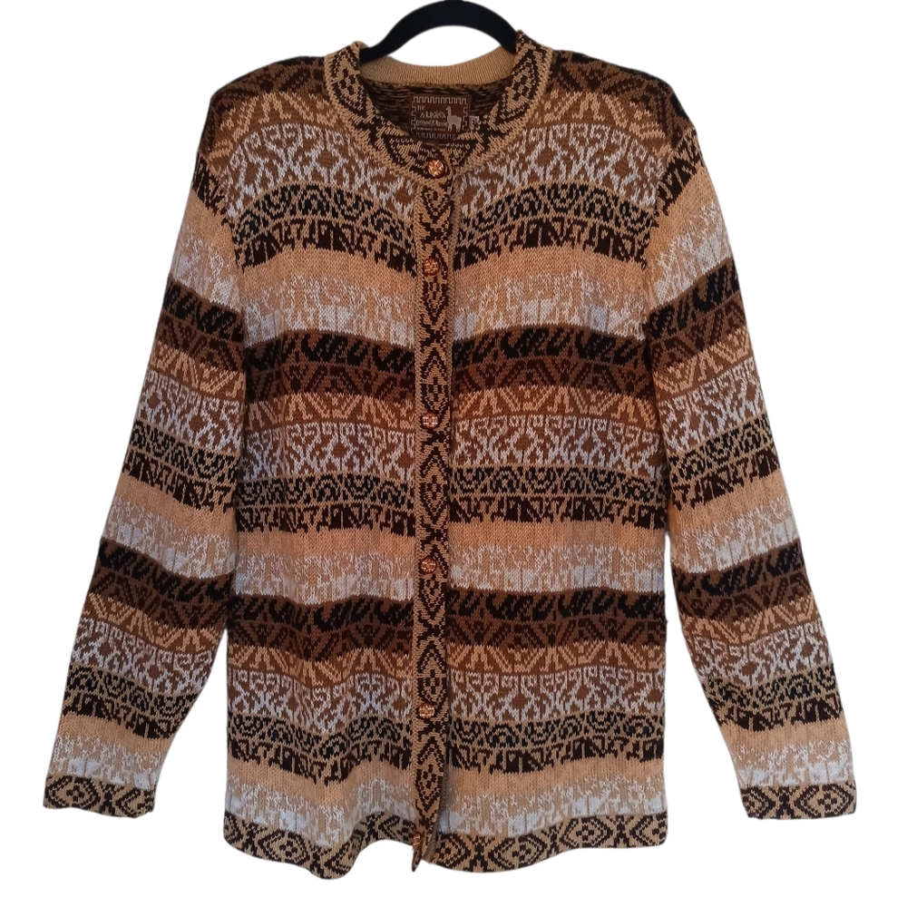 Alpaca Sweater Button Cardigan Women's Size Medium Patterned Brown, Rust & White
